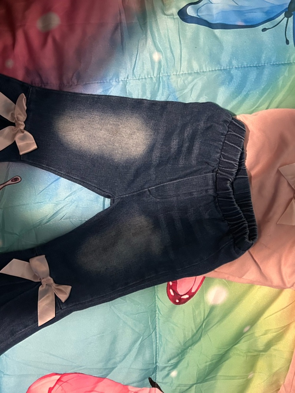 Girls' Dark Blue Bow-Accent Elastic Waist Jeans